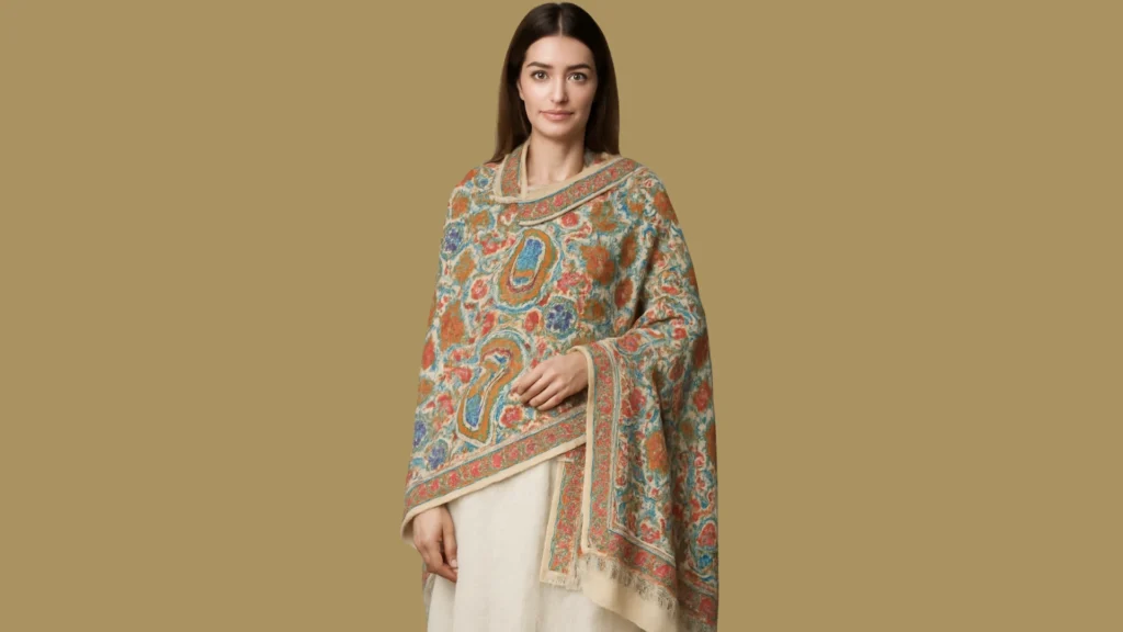 women wearing stylish hand embroidered Pashmina Kani Shawl