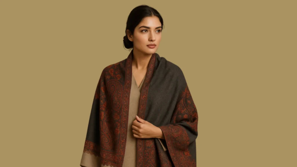 woman wearing a handcrafted Pashmina shawl with fine Kashmiri embroidery work.