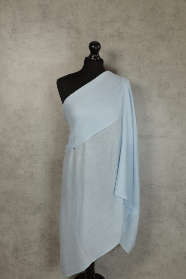 Shade of Still Shawl in baby blue, a wool silk shawl featuring classic chevron texture and elegant dual-tone layers