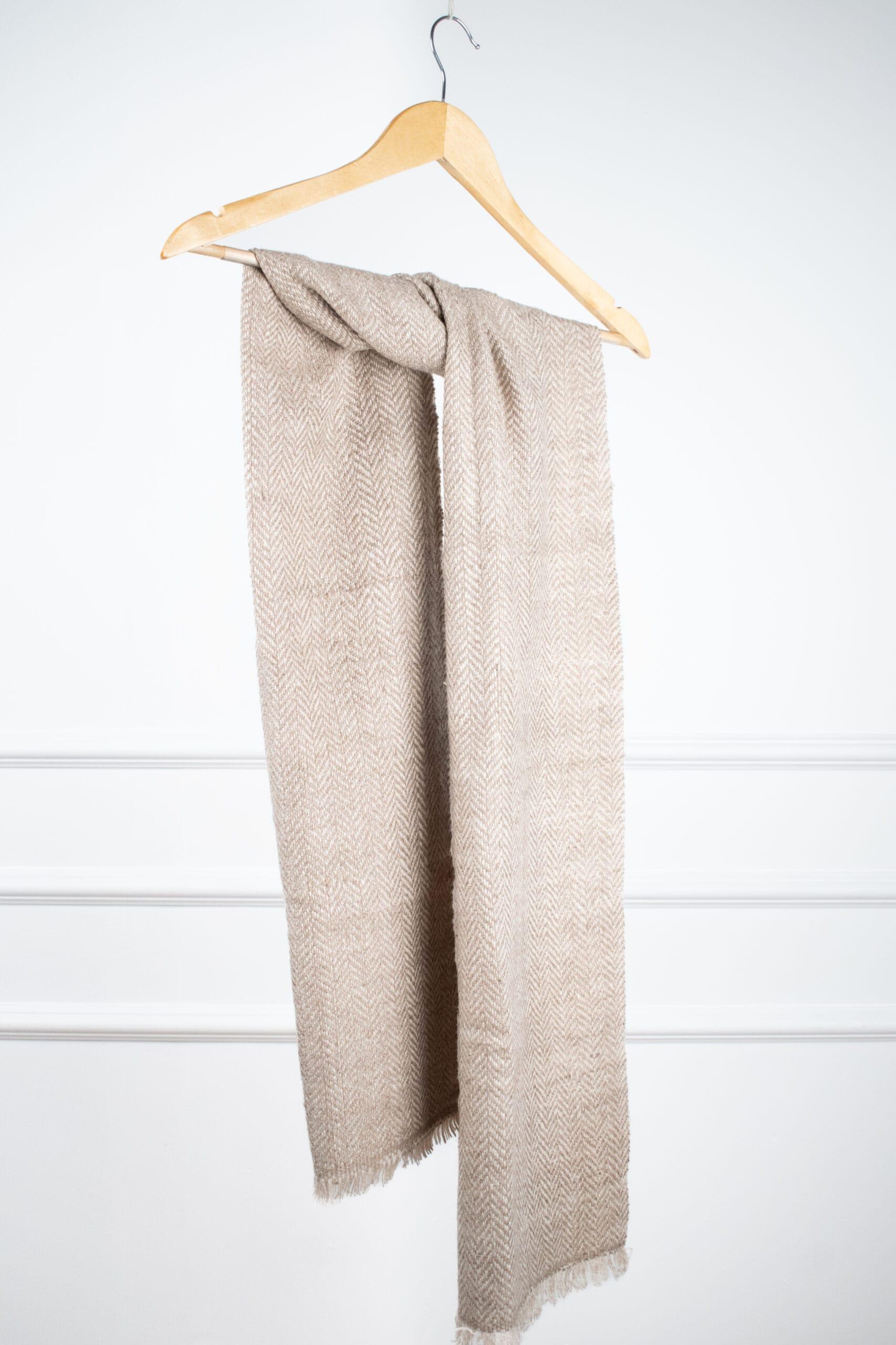 DSC_0271-scaled-600x900 Baby Wool Muffler in Brown, a Winter Muffler woven from 100% pure wool with herringbone texture and fringed edges