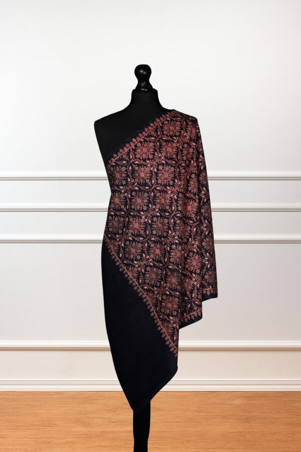 Ember Bloom Stole in black, an ornate stole with intricate threadwork in blooming motifs, crafted from wool-silk blend