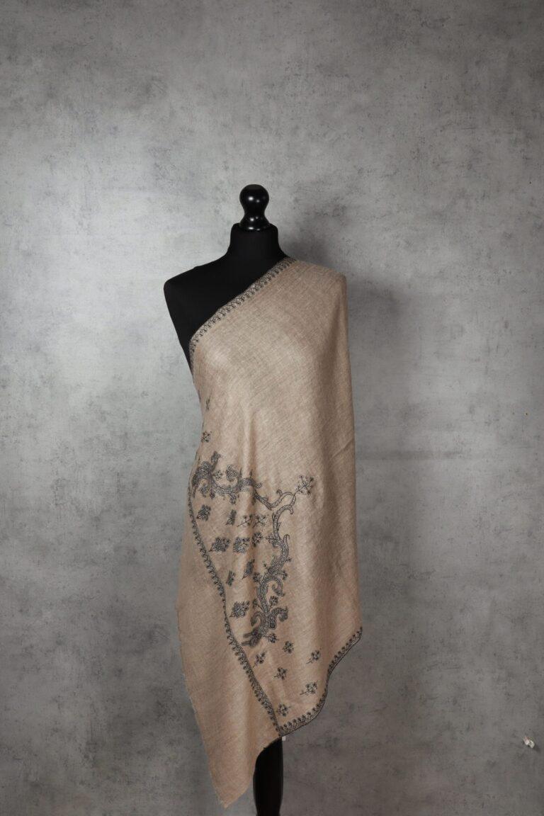 Jaal Patterned Stole in taupe, crafted from 100% cashmere with charcoal embroidery, featuring floral vines & paisley motifs