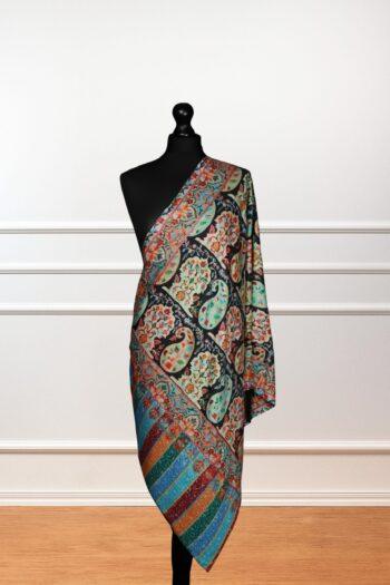 Royal-Crest-Stole-black85wool15silk-printed-outline-embroidered.JPG-scaled-350x525 Royal Crest Stole in black, a wool paisley stole with ornate embroidery