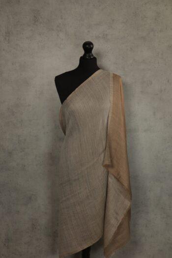 Moonlight Glow Stole in beige, an evening stole with golden threads, crafted from a wool-silk blend, offering luxe glow.