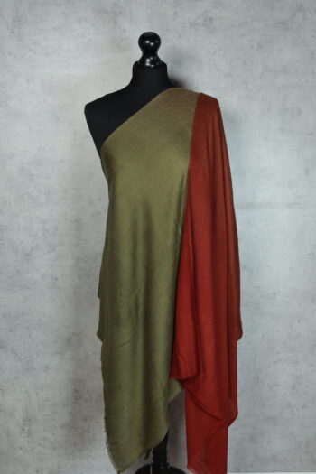 Ombre Mist Stole in Olive & Brick, crafted in Kashmir with 85% wool and 15% silk, offering versatile all-season layering and stylish elegance.