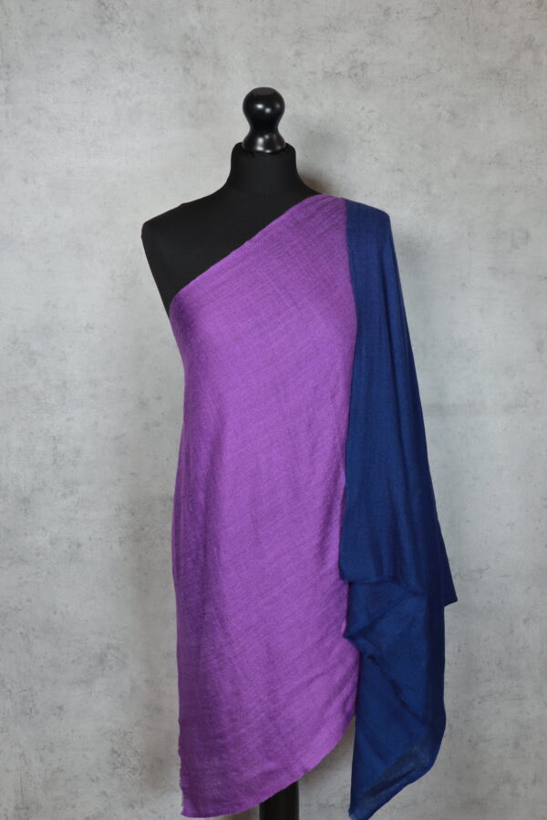Ombre Mist Stole in Purple & Blue, crafted in Kashmir with 85% wool and 15% silk, offering versatile all-season layering and stylish elegance.