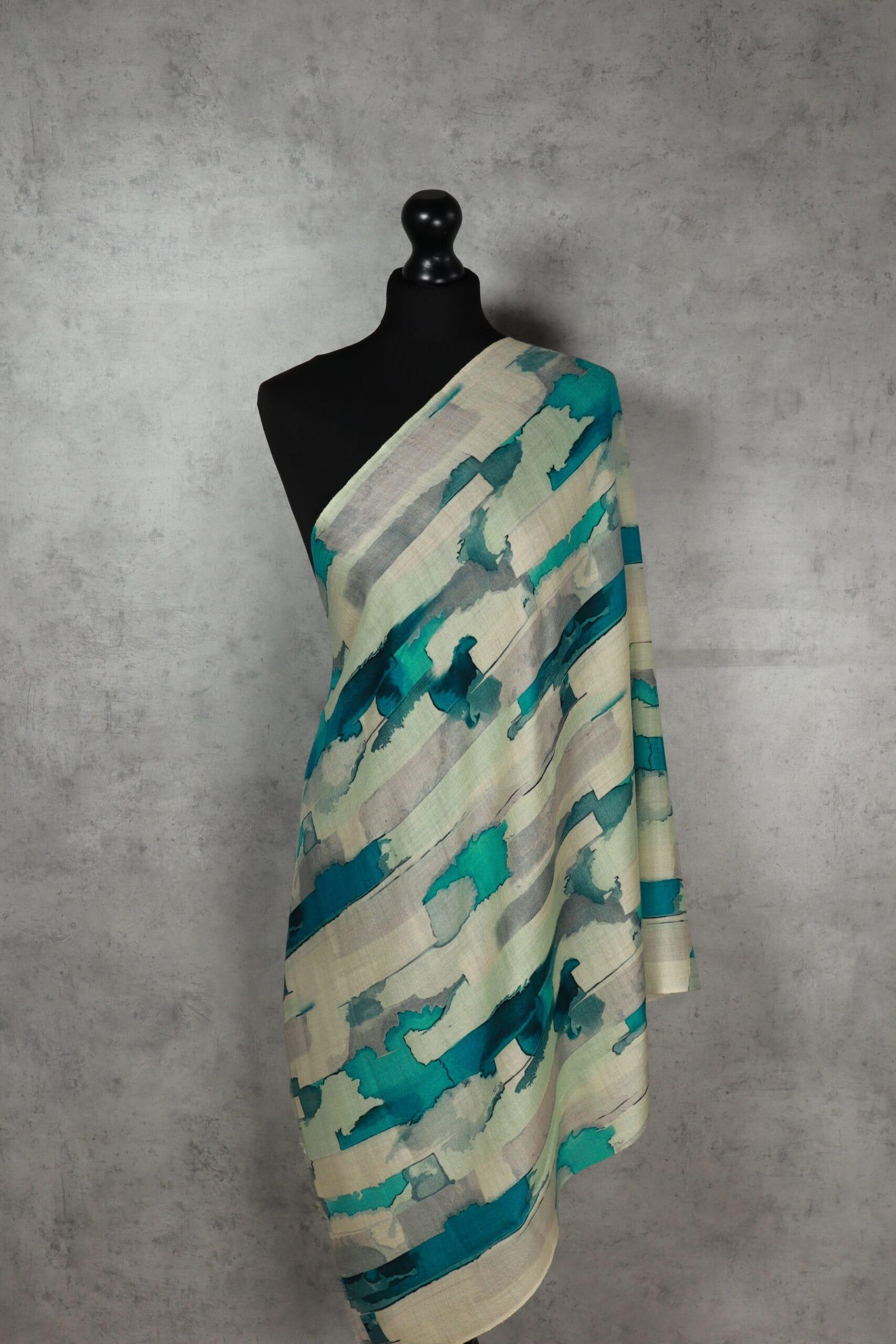 Artwrap Stole in Teal, a digital print scarf featuring vibrant florals and abstract designs
