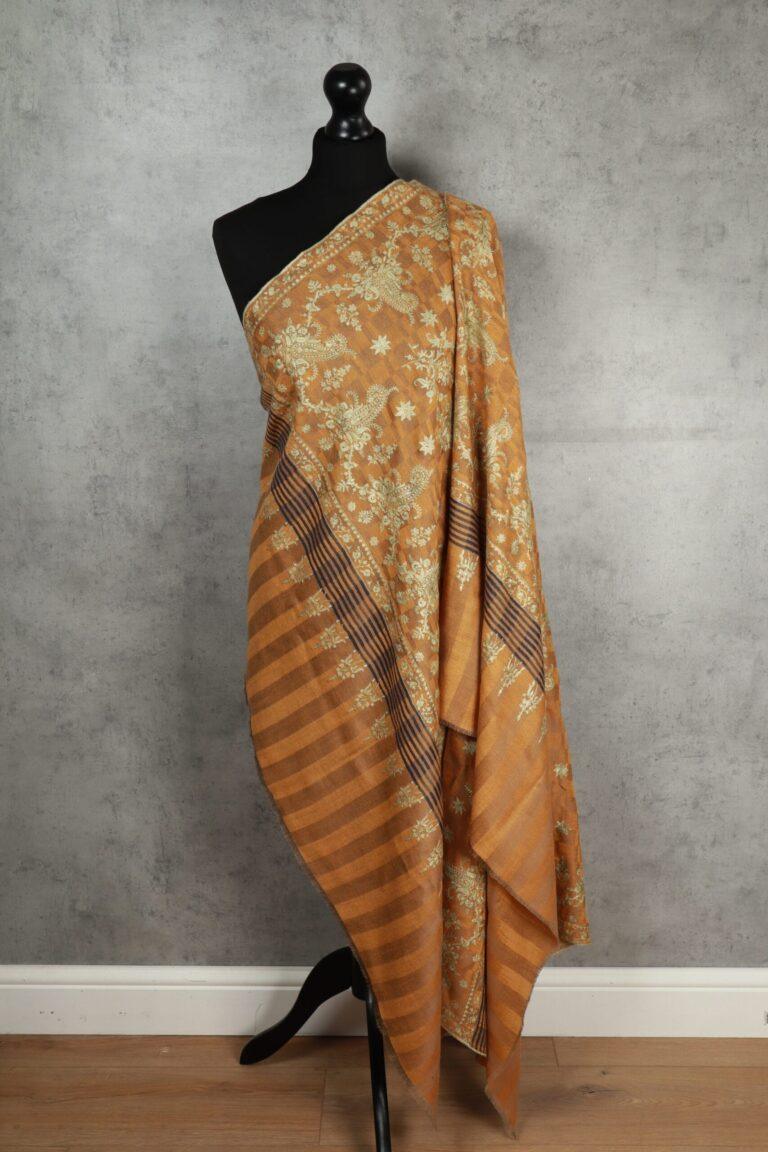 Badamwari Zari Handmade Shawl, a golden Pashmina Zari Shawl with intricate ivory Sozni embroidery