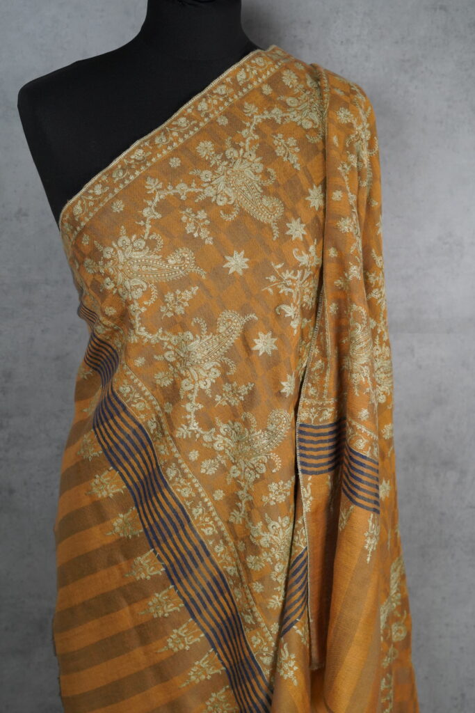 Badamwari Zari Handmade Shawl, a golden Pashmina Zari Shawl with intricate ivory Sozni embroidery