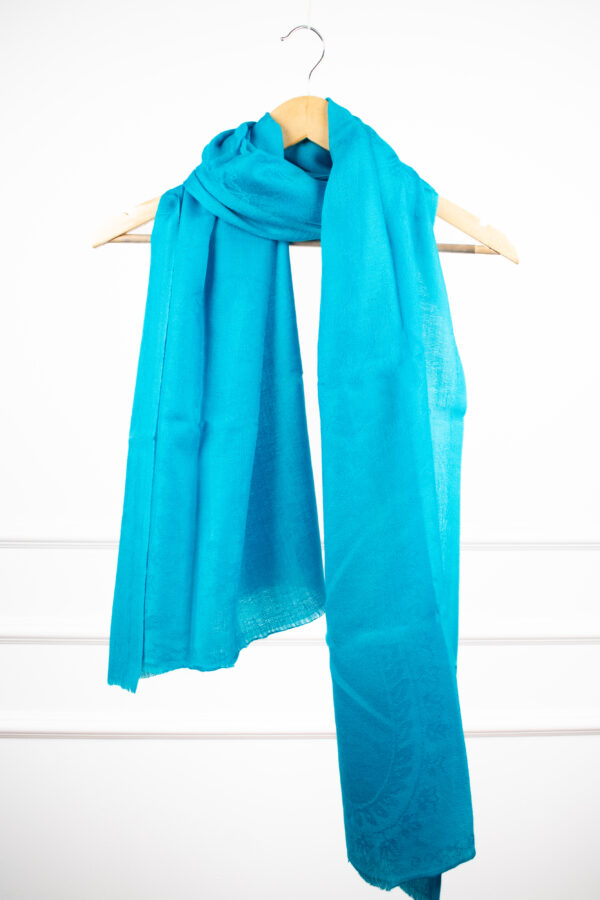 Woven Verses Stole in sky – fluid drape jacquard wool stole featuring plain weave and soft luster