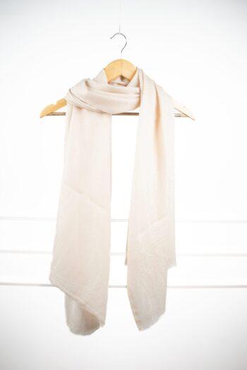 Woven Verses Stole in Champagne – fluid drape jacquard wool stole featuring plain weave and soft luster