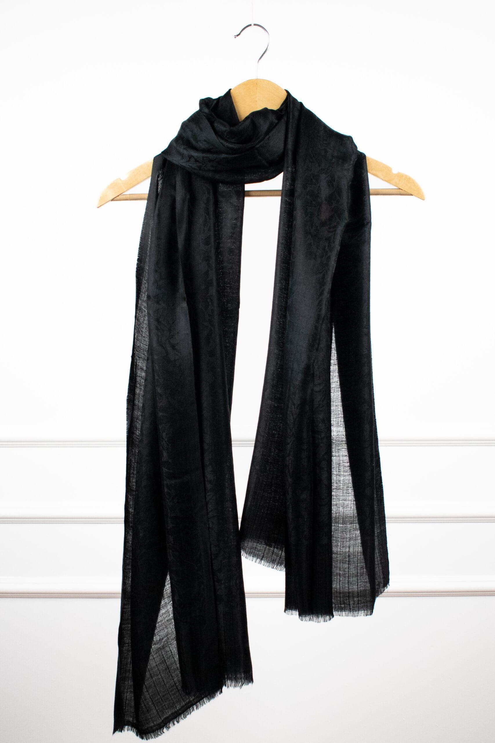 Jacquard Veil Stole in black – soft wool-silk jacquard stole featuring tone-on-tone motifs for versatile styling.