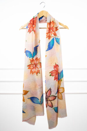 ThreadBloom Stole - a flower on pastel is a 100% wool floral print stole with painted and hand-embellished motifs