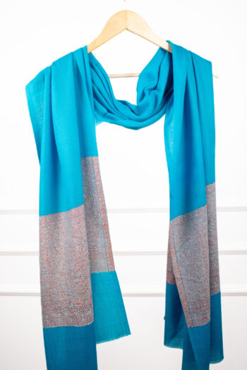 VibrantFrame Stole in colour sky – ethnic stole with framed palla motifs in 85% wool-silk for balanced bold elegance
