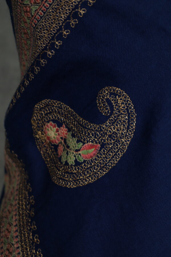 Fincrest Stole, an embroidered wool scarf in dark blue with traditional Kashmiri sozni embroidery along the border