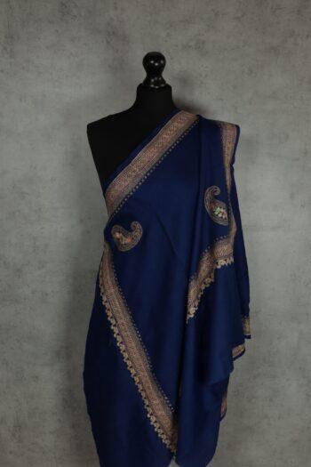 Fincrest Stole, an embroidered wool scarf in dark blue with traditional Kashmiri sozni embroidery along the border