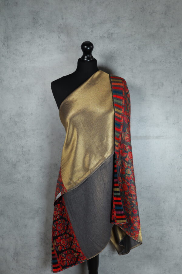 Reversible Moonlight Shawls in grey-gold, crafted from wool & Tencel as a versatile reversible wool shawl with shimmer detail