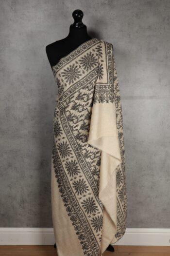 Shalimar Twilight Handmade Shawl, an embroidered pashmina with sozni hand-stitched snowflake motifs in ebony thread.