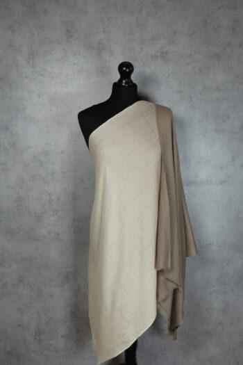 Ombre Mist Stole in Almond & Vanilla, crafted in Kashmir with 85% wool and 15% silk, offering versatile all-season layering and stylish elegance.