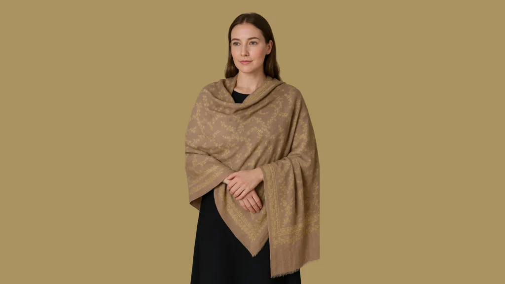 woman draped in handmade Sozni-embroidered Pashmina shawl in ivory and olive tonesl in soft olive and ivory tones.