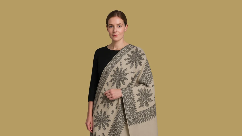 Beige Pashmina shawl adorned with fine Sozni work, truly a shawl worth inheriting.