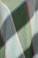 Mosaic Frame Stole in baby blue & green, a geometric pattern scarf of wool‑silk with tonal blocks and polished warmth.