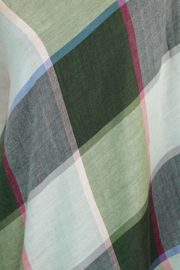 Mosaic Frame Stole in baby blue & green, a geometric pattern scarf of wool‑silk with tonal blocks and polished warmth.