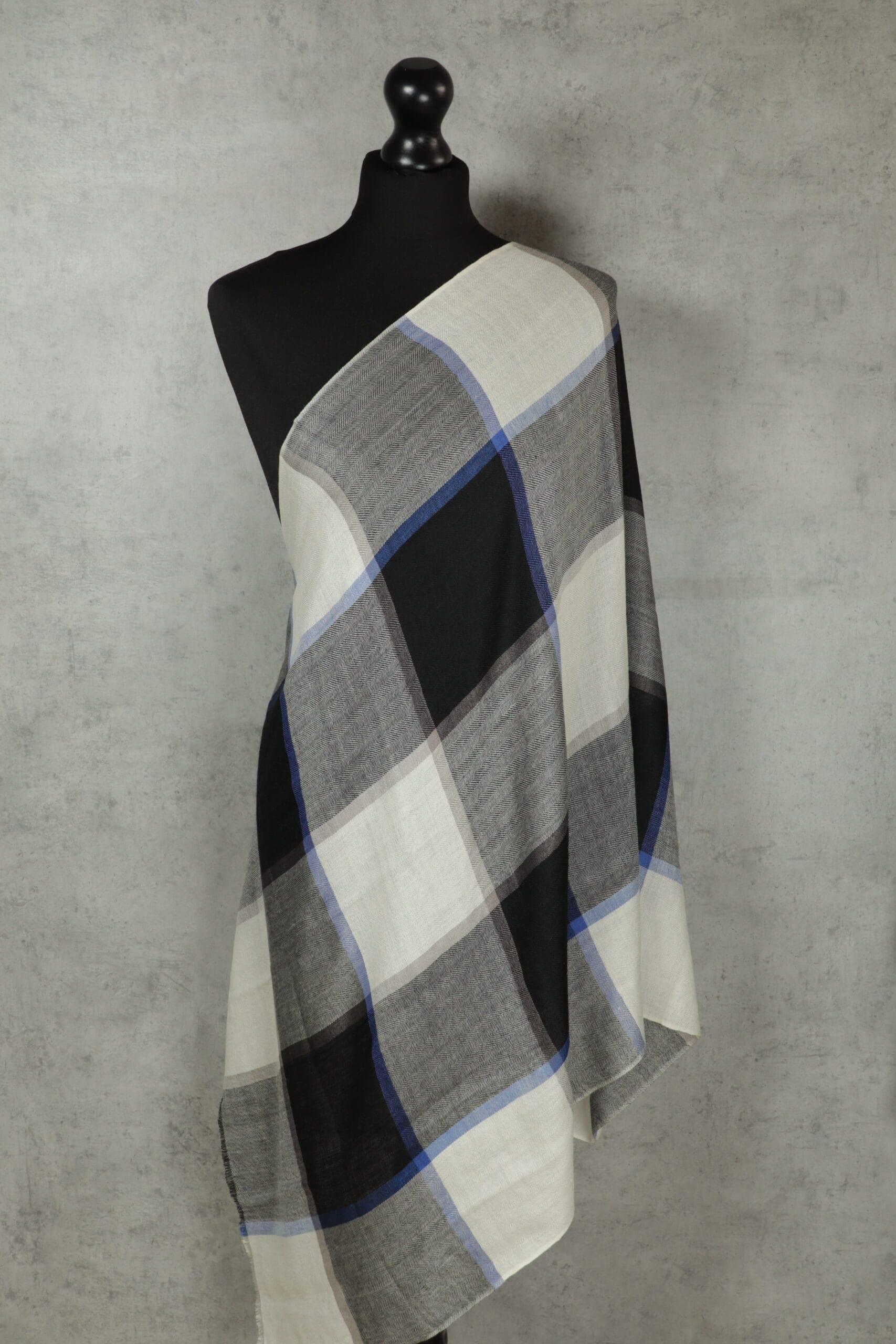 Mosaic Frame Stole in black & white, a geometric pattern scarf of wool‑silk with tonal blocks and polished warmth.