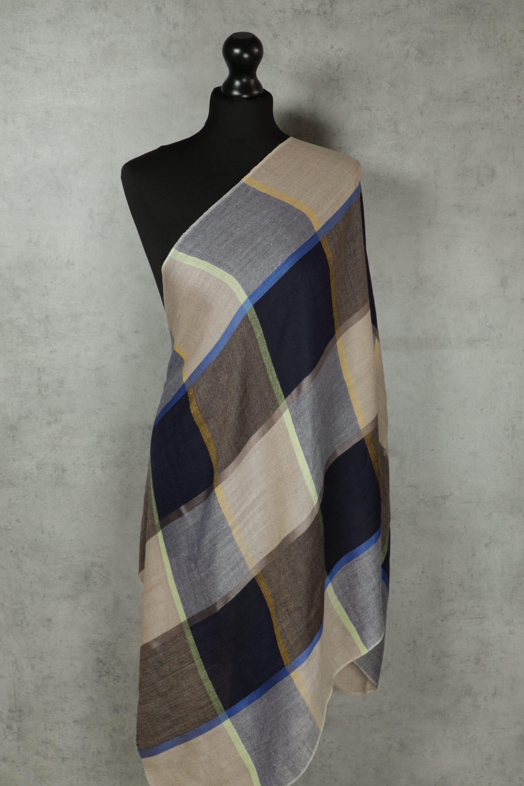 Mosaic Frame Stole in blue & beige, a geometric pattern scarf of wool‑silk with tonal blocks and polished warmth.