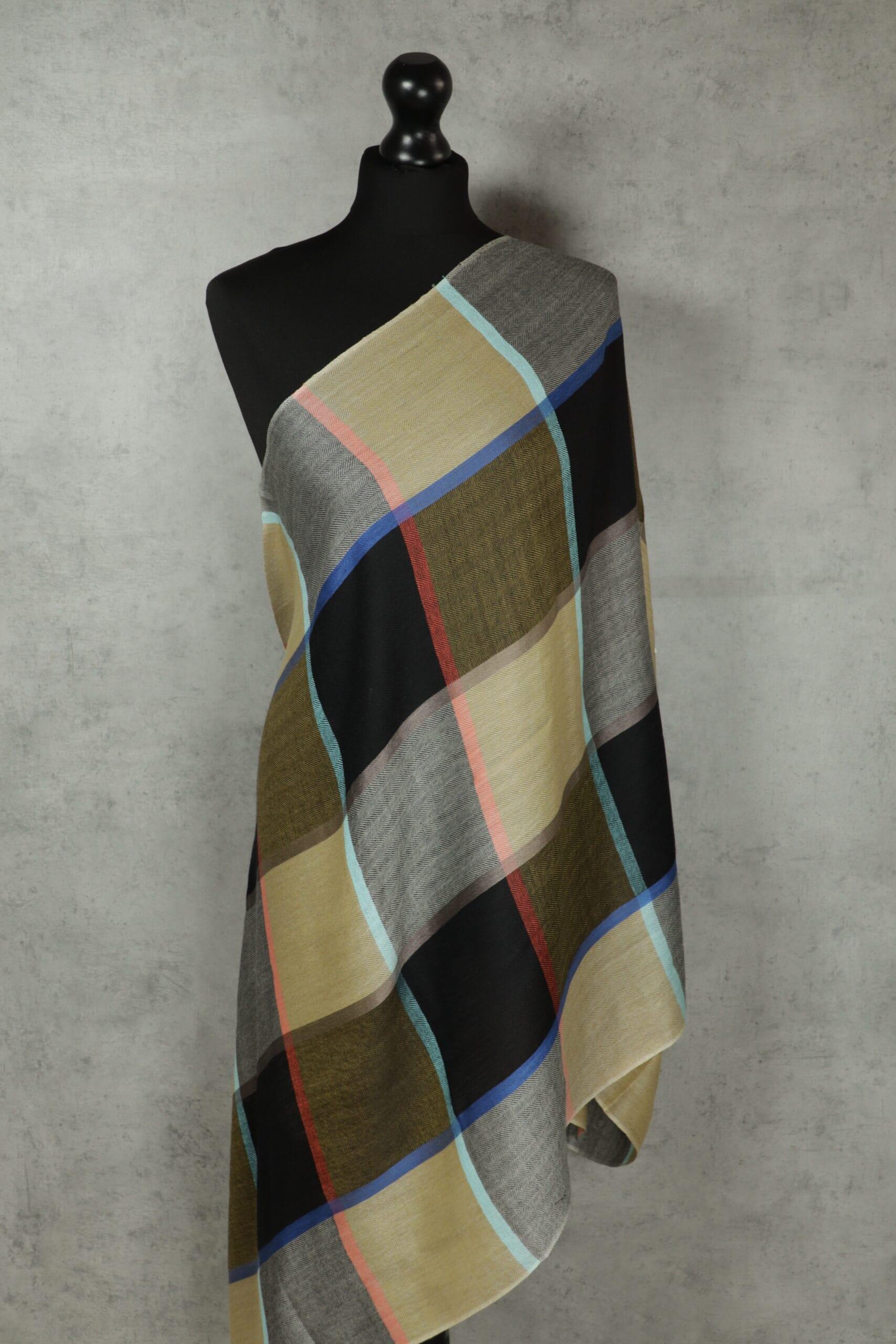 Mosaic Frame Stole in olive, a geometric pattern scarf of wool‑silk with tonal blocks and polished warmth.