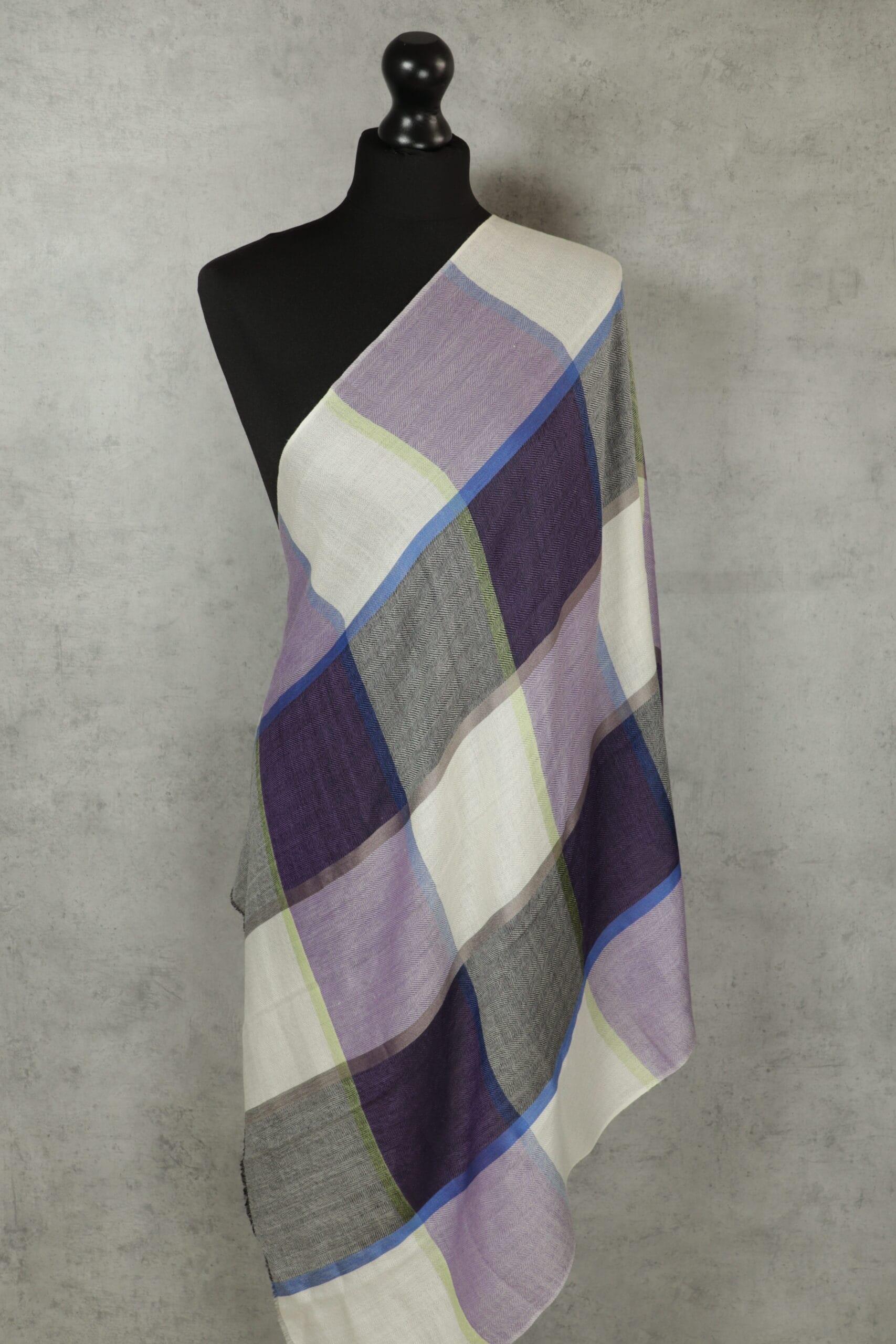 Mosaic Frame Stole in Purple, a geometric pattern scarf of wool‑silk with tonal blocks and polished warmth.