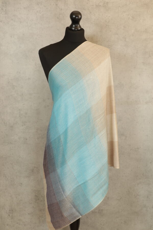 Heritage Grid Stole in sky a wool-silk grid stole from Kashmir with modern check weave and gentle sheen.