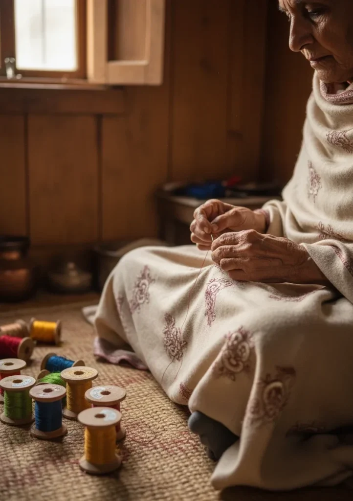 artisan-crafting-kani-embroidery-on -a pashmina-shawl