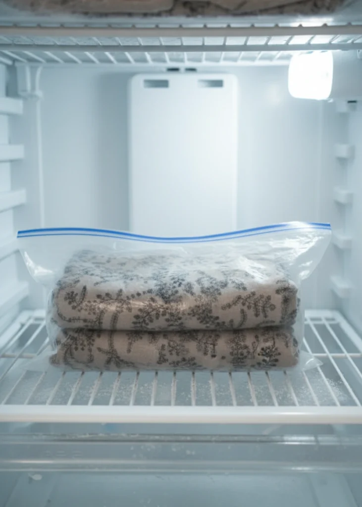 placing-scarf-in-freezer-overnight-to-prevent-shedding