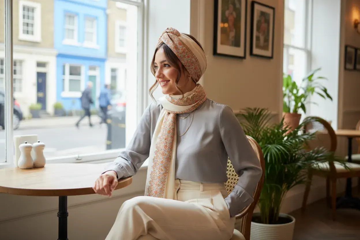 Scarf worn as a head drape with a grey jacket, seated by a window