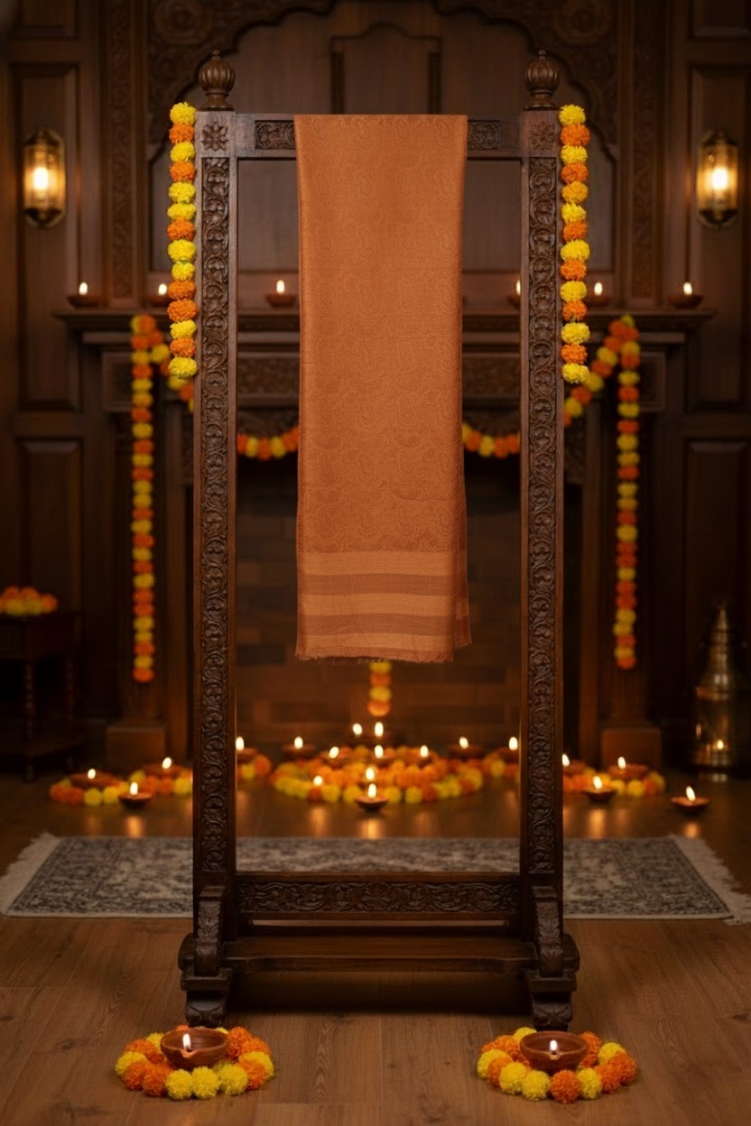 jacquard-pashmina-scarf-from-the-luxury-diwali-gift-collection-displayed-on-a-wooden-frame- surrounded-by-lit-diwali-diyas-creating-a-warm-and-festive-ambiance