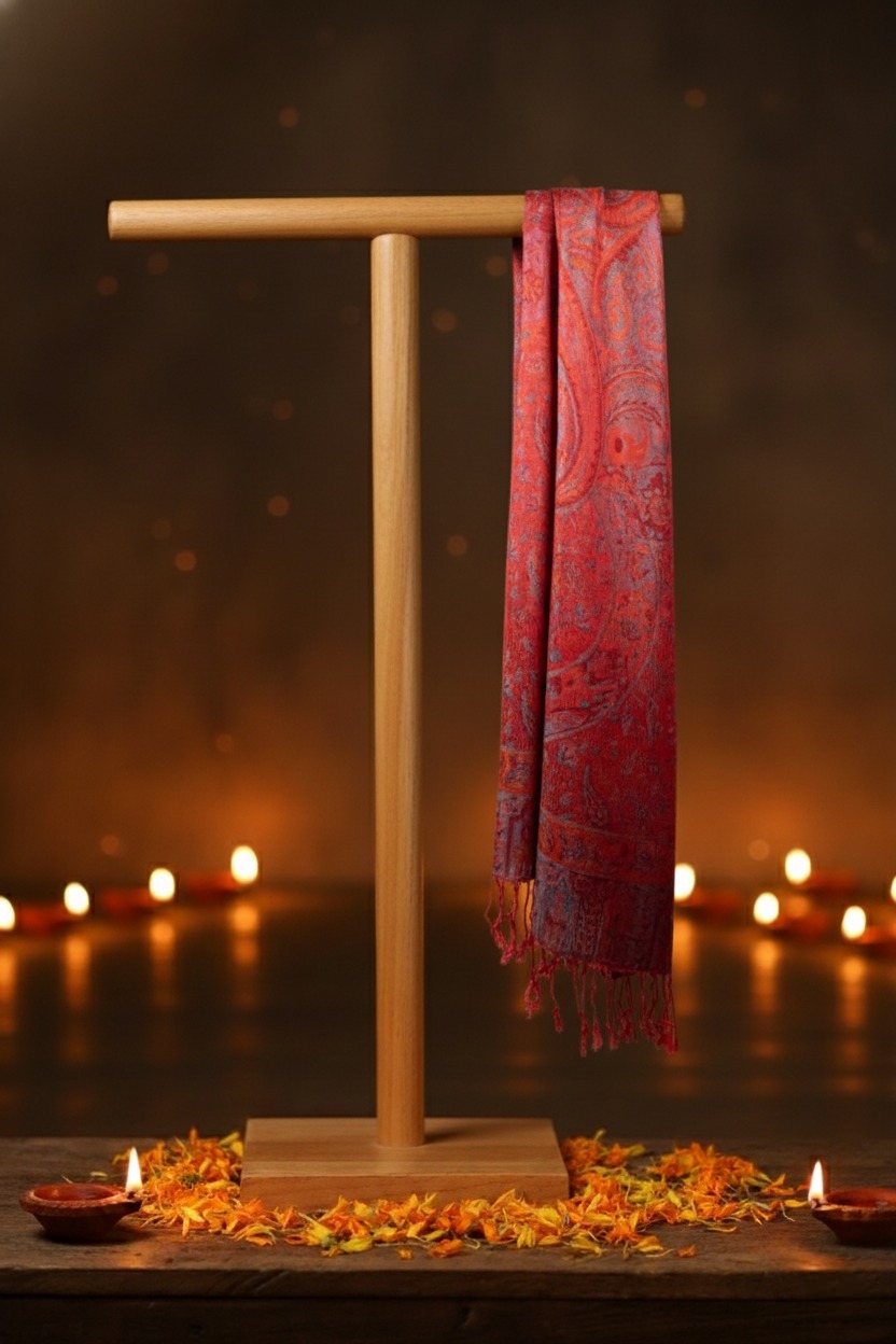 pattern-play-scarf-from-the-luxury-diwali-gift-collection-displayed-on-a-wooden-frame- surrounded-by-lit-diwali-diyas-creating-a-warm-and-festive-ambiance