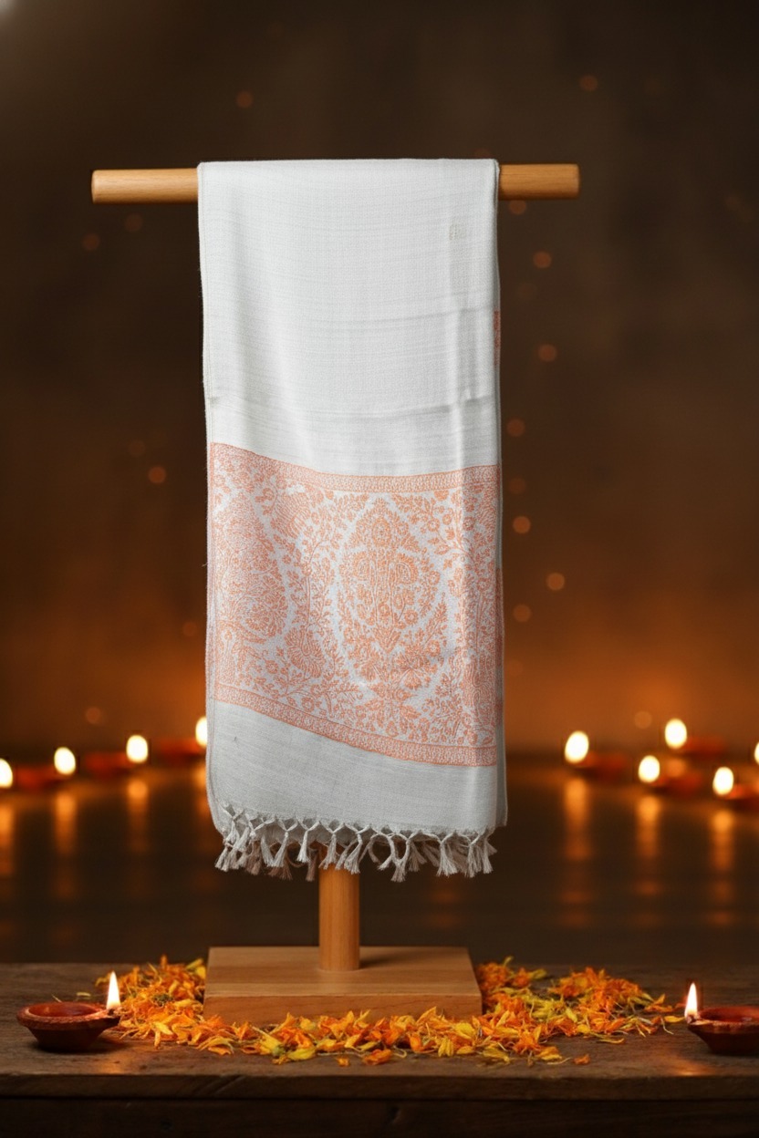 vibrant-frame-scarf-from-the-luxury-diwali-gift-collection-displayed-on-a-wooden-frame- surrounded-by-lit-diwali-diyas-creating-a-warm-and-festive-ambiance