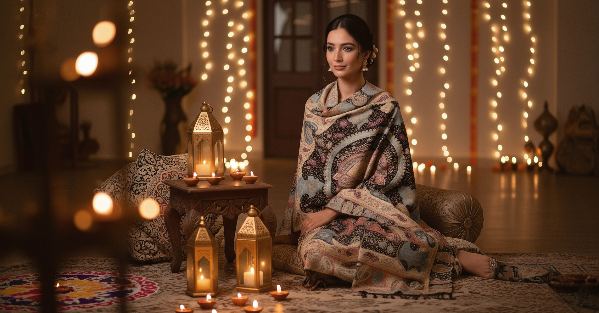 woman-celebrating-the-warmth-and-light-of -diwali-with-a-kashmir-bloom-shawl