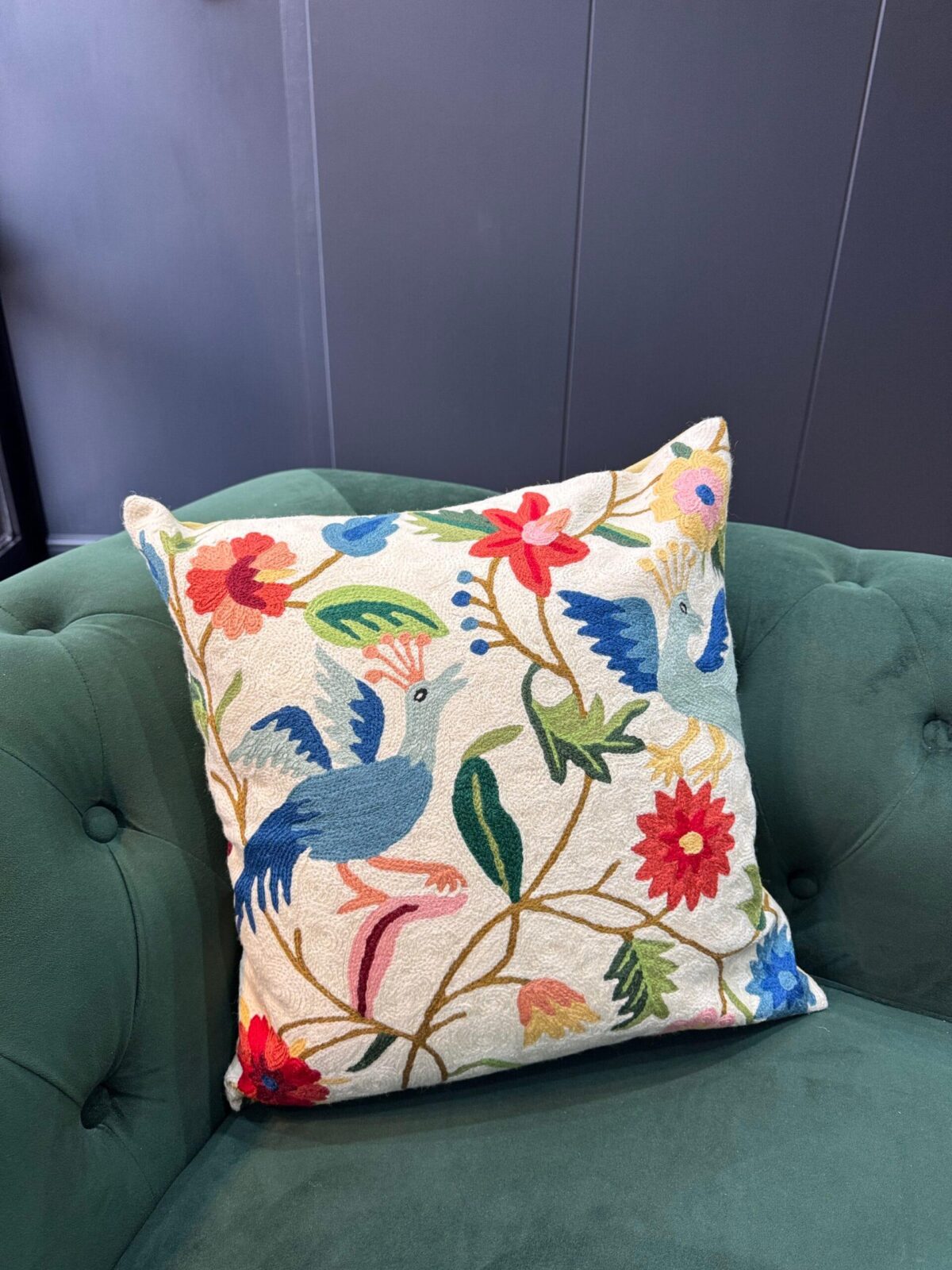 Gul-e-Buland Kashmiri Wool Aari-Embroidered Cushion Cover