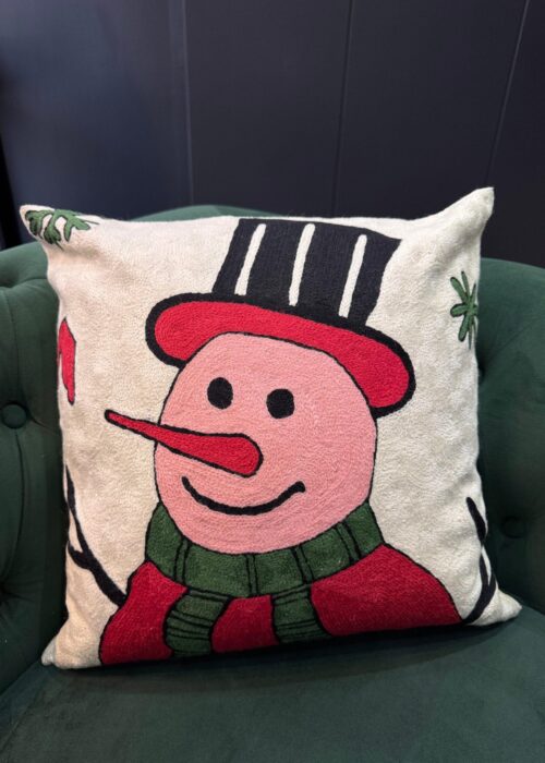 Snowman’s Delight Wool Aari-Embroidered Cushion Cover