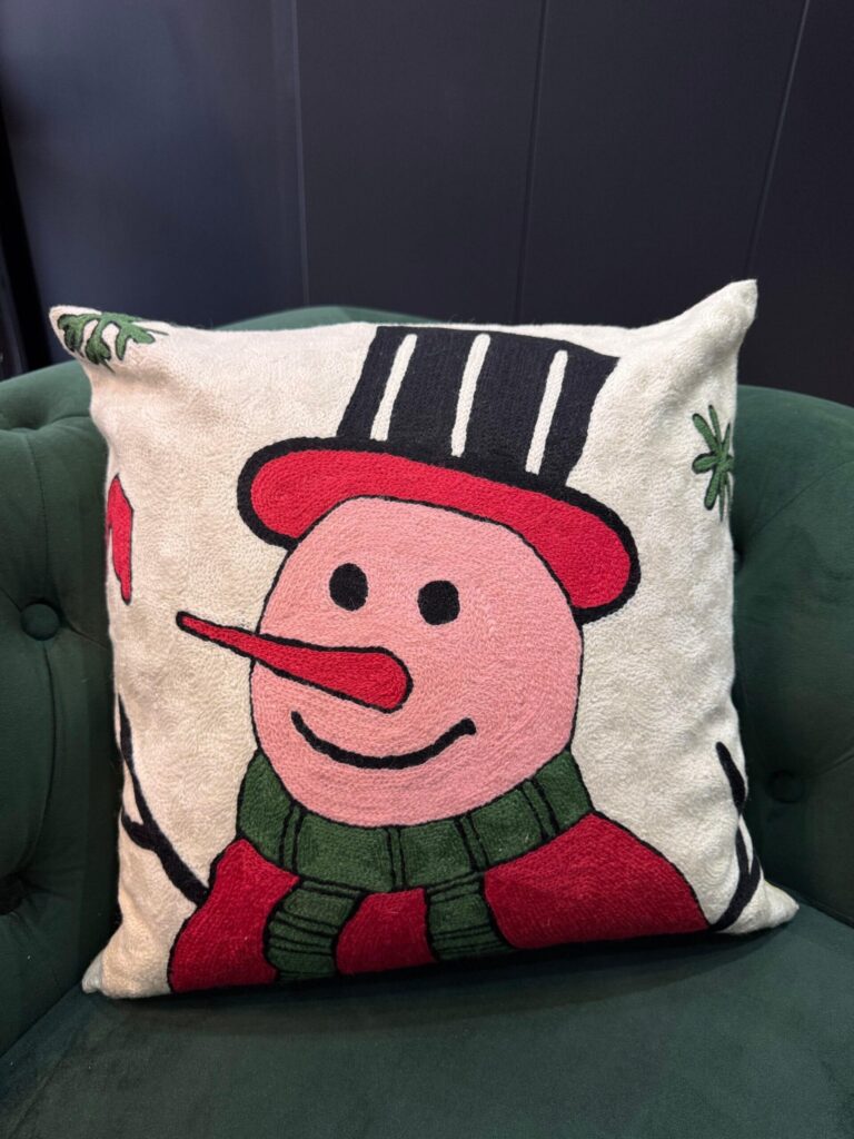 Snowman’s Delight Wool Aari-Embroidered Cushion Cover