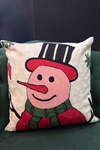 Snowman’s Delight Wool Aari-Embroidered Cushion Cover