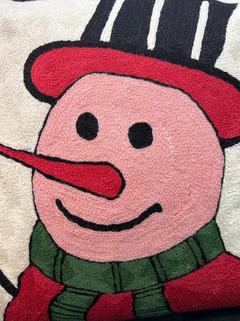 Snowman’s Delight Wool Aari-Embroidered Cushion Cover