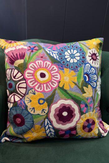 Rang-e-Wadi Kashmiri Wool Aari-Embroidered Cushion Cover