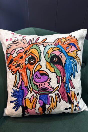 Colorburst Canine Wool Aari-Embroidered Cushion Cover