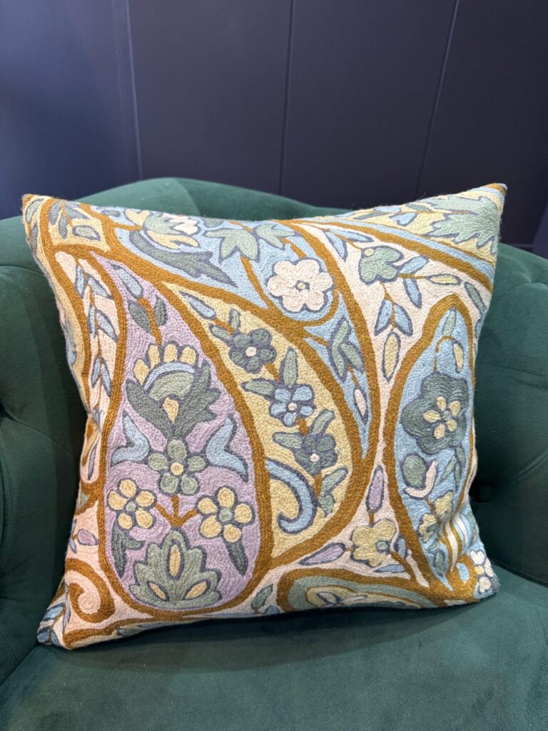 Bahaar-e-Sukoon Kashmiri Wool Aari-Embroidered Cushion Cover