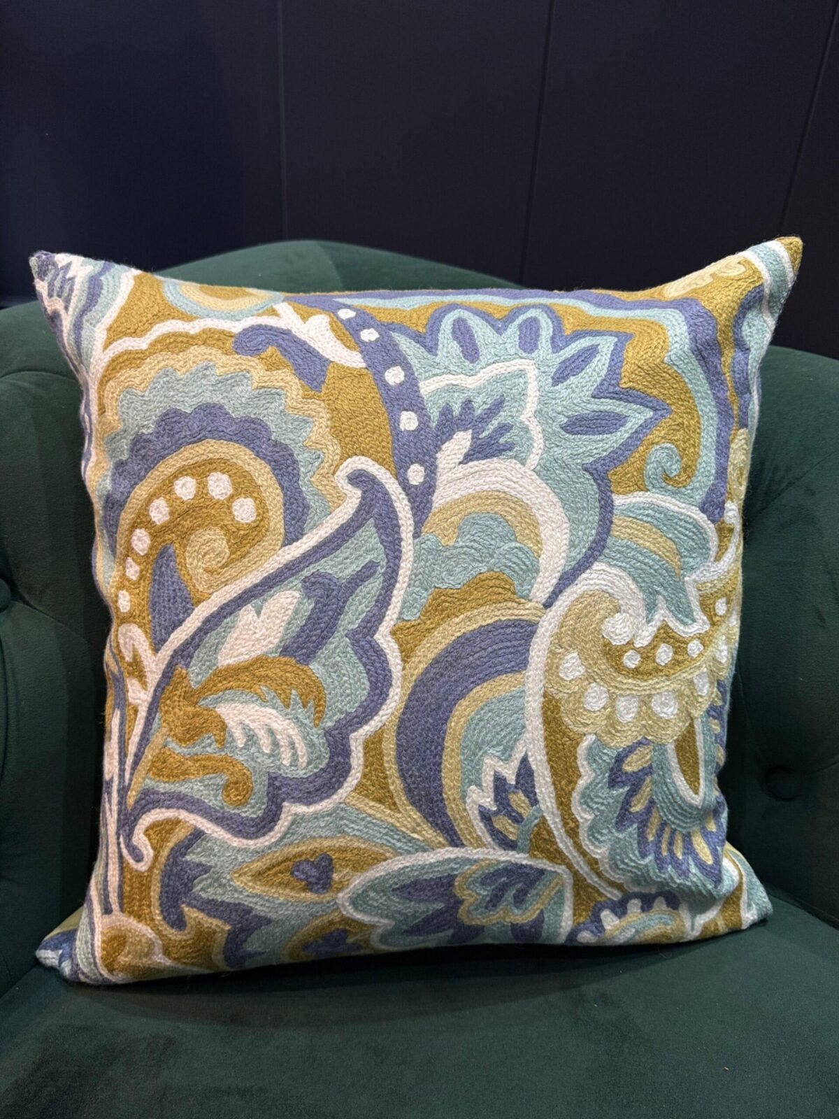 Samaa-e-Neel Kashmiri Wool Aari-Embroidered Cushion Cover