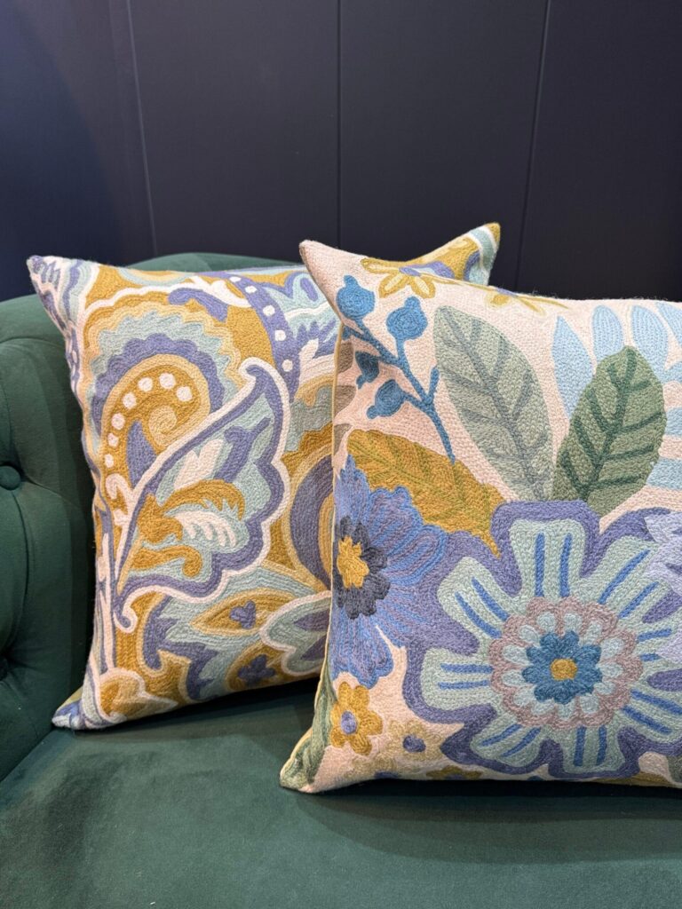 Samaa-e-Neel Kashmiri Wool Aari-Embroidered Cushion Cover