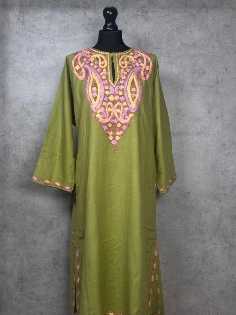 Gulbahar Olive Green Acro Wool Aari Embroidered Pheran